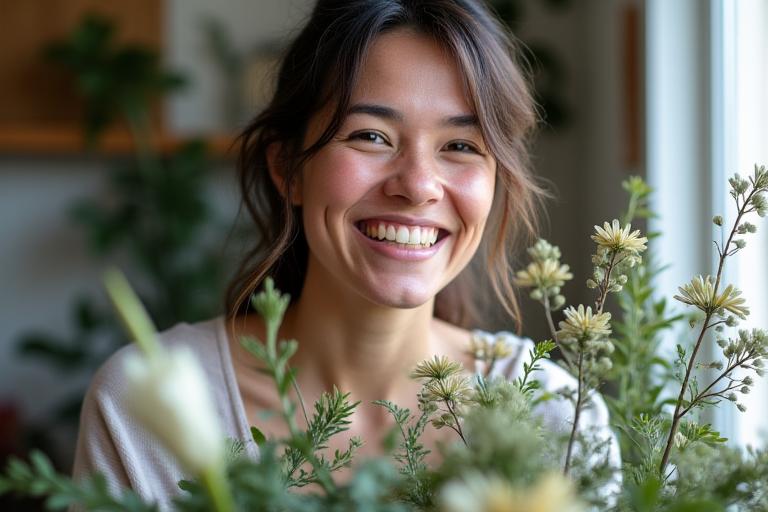 Portrait of the founder of Fjord Florals, Anahera, in her studio, surrounded by native flora.
