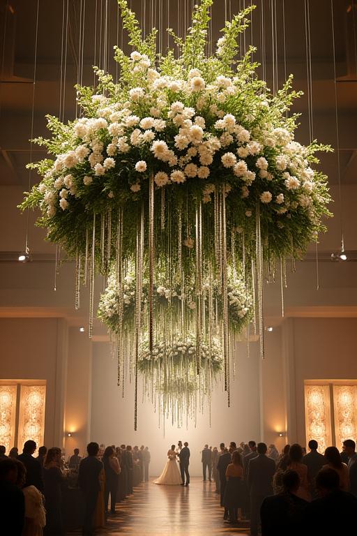 A large-scale hanging floral installation at a corporate event.