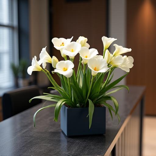 A modern floral arrangement on a corporate reception desk.