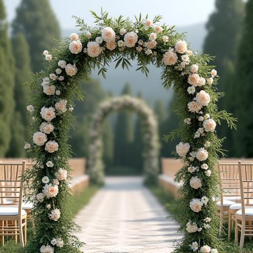 An elegant floral arch at a wedding ceremony.