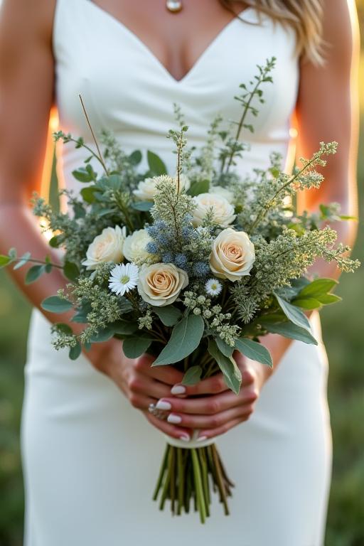 A bride holding a rustic, cascading bouquet of wildflowers.
