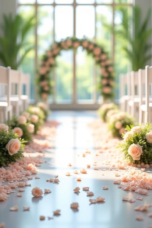 A wedding ceremony aisle decorated with flower petals and arrangements.