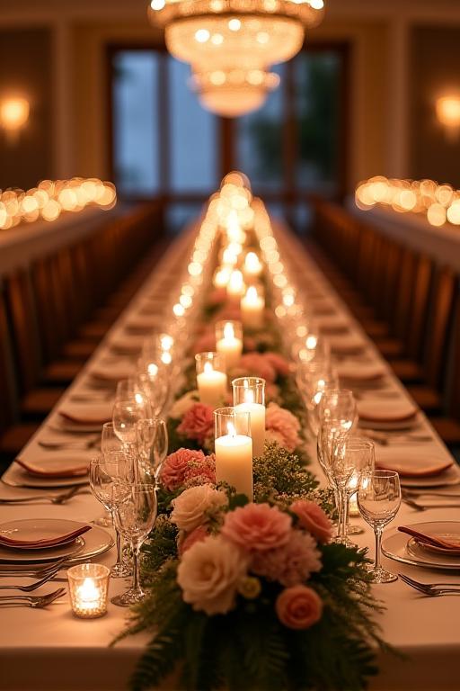 A long banquet table decorated with lush floral runners and candles.