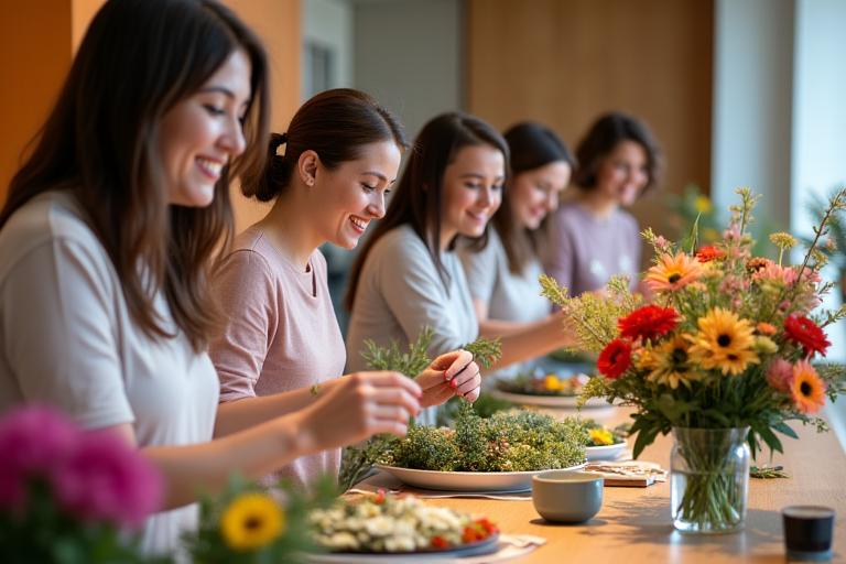 People smiling and arranging flowers during a workshop.